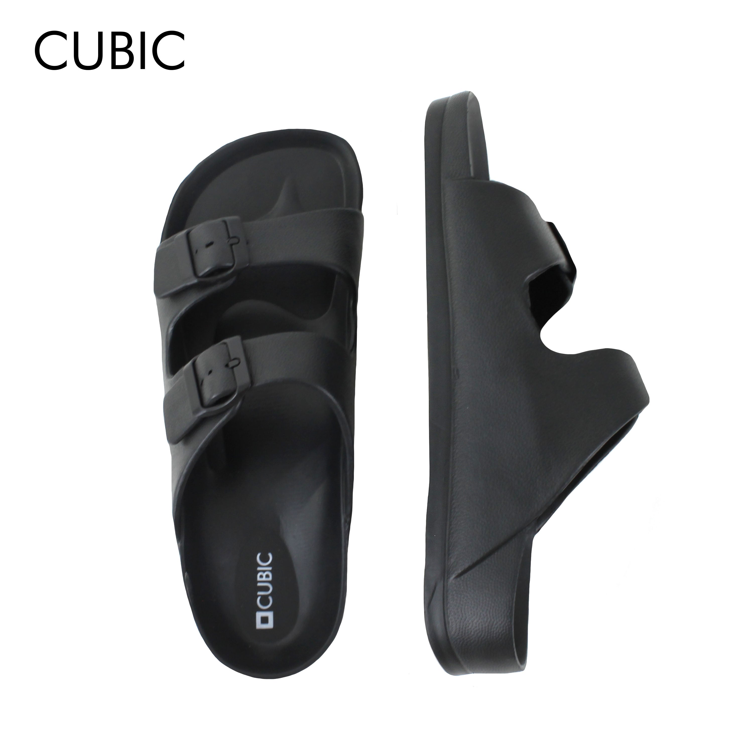 Cubic Men Double Buckle Slip On Dual Strap Slides Sandals Slippers